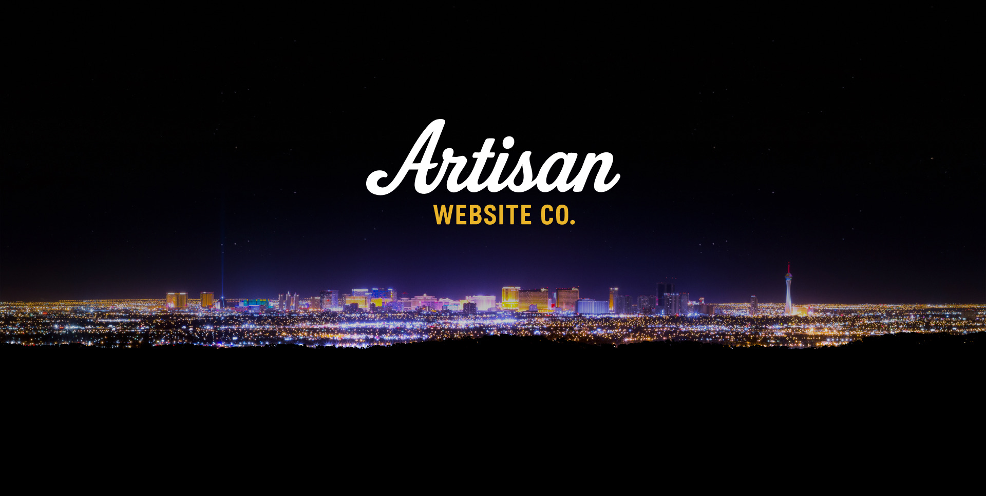 Artisan Website Co. logo over the Las Vegas skyline at night